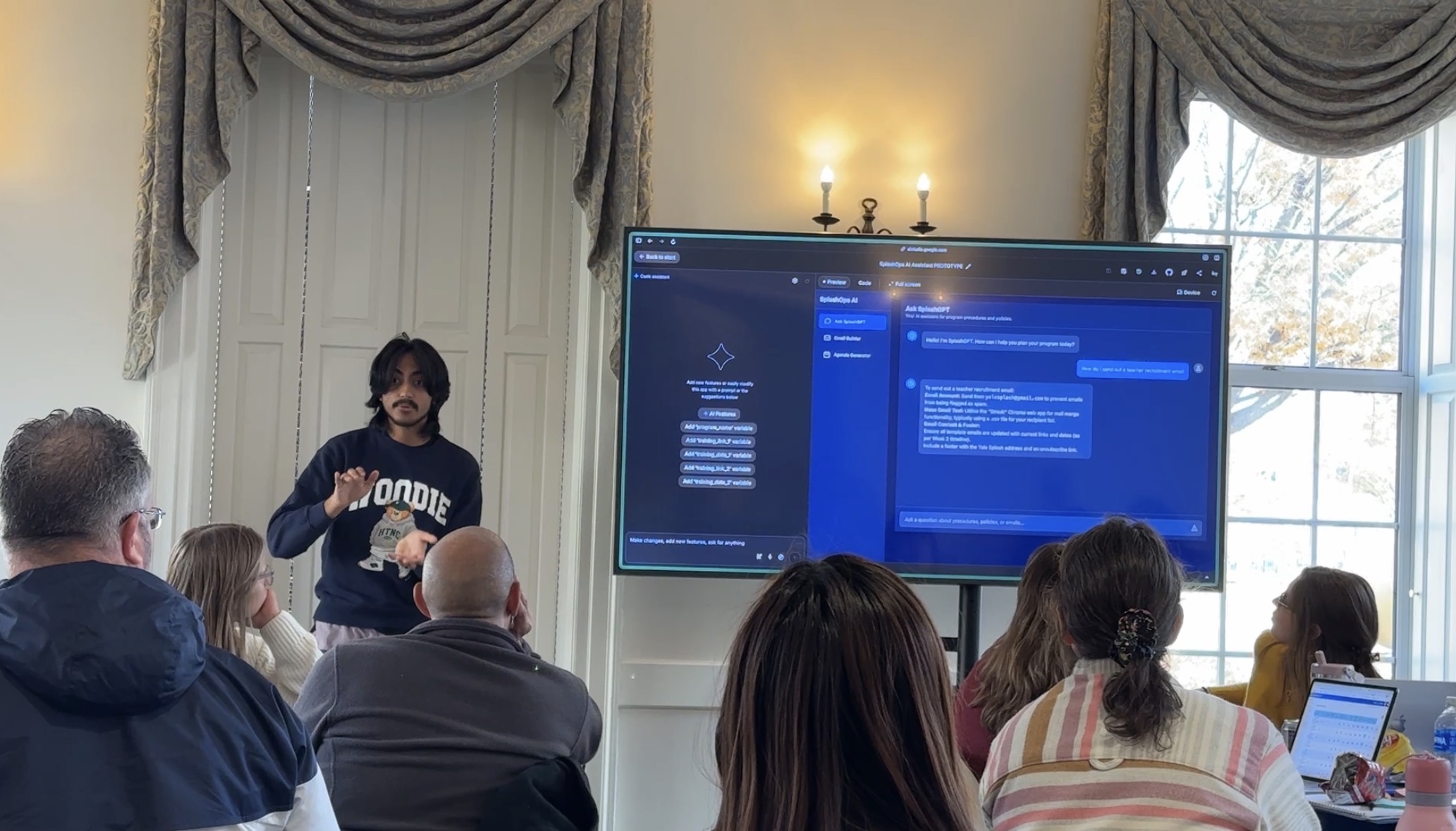 Krish at the front of the room, walking teachers through how he built SplashGPT in Google AI Studio